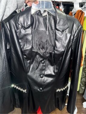 Mango Black Faux-Leather Textured Blazer with Crystal Pocket Trim